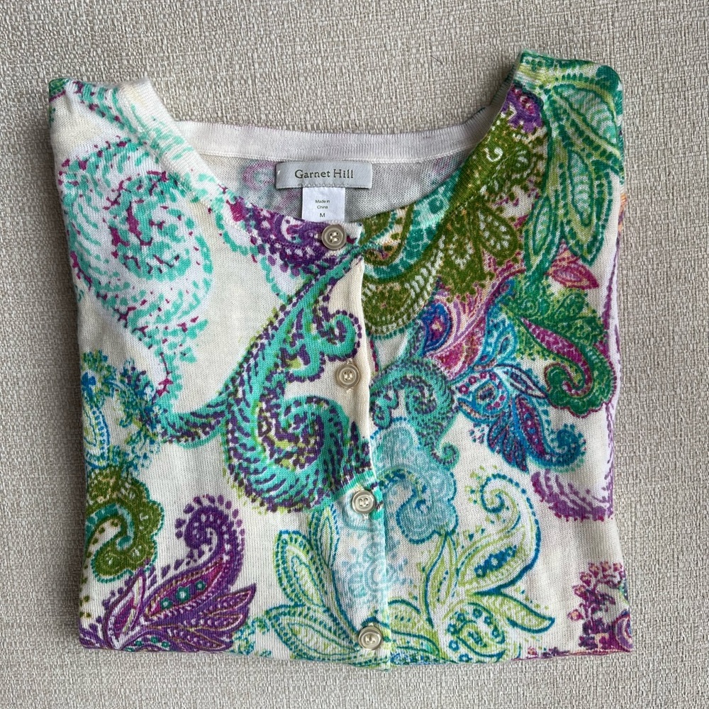 Garnet Hill Multi Color Paisley Cardigan M NWOT